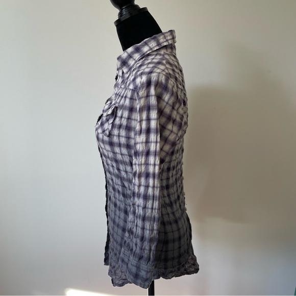 Elizabeth & James Purple Crinkle Plaid Ombré Button Down Corset Back Shirt EUC S - Picture 2 of 8